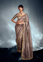 Thumbnail for Monjolika Fashion Light Brown Tissue Organza Saree With Moti, Cutdana & Sequins Work