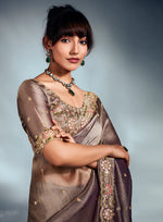 Thumbnail for Monjolika Fashion Light Brown Tissue Organza Saree With Moti, Cutdana & Sequins Work