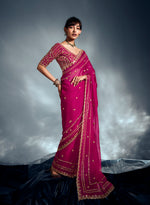 Thumbnail for Monjolika Fashion Magenta Pink Tissue Organza Saree With Moti, Cutdana & Sequins Work