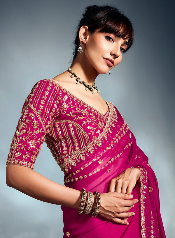 Monjolika Fashion Magenta Pink Tissue Organza Saree With Moti, Cutdana & Sequins Work