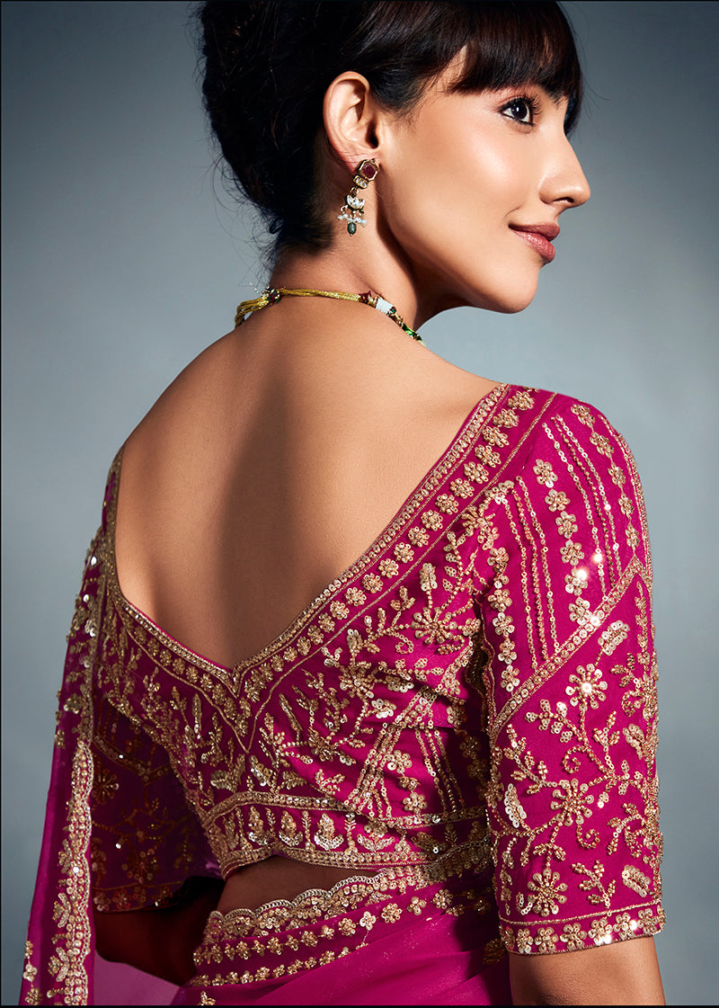 Monjolika Fashion Magenta Pink Tissue Organza Saree With Moti, Cutdana & Sequins Work