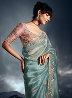 Thumbnail for Monjolika Fashion Light Blue Tissue Organza Saree With Moti, Cutdana & Sequin Khatli Work