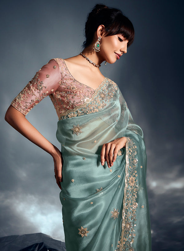 Monjolika Fashion Light Blue Tissue Organza Saree With Moti, Cutdana & Sequin Khatli Work