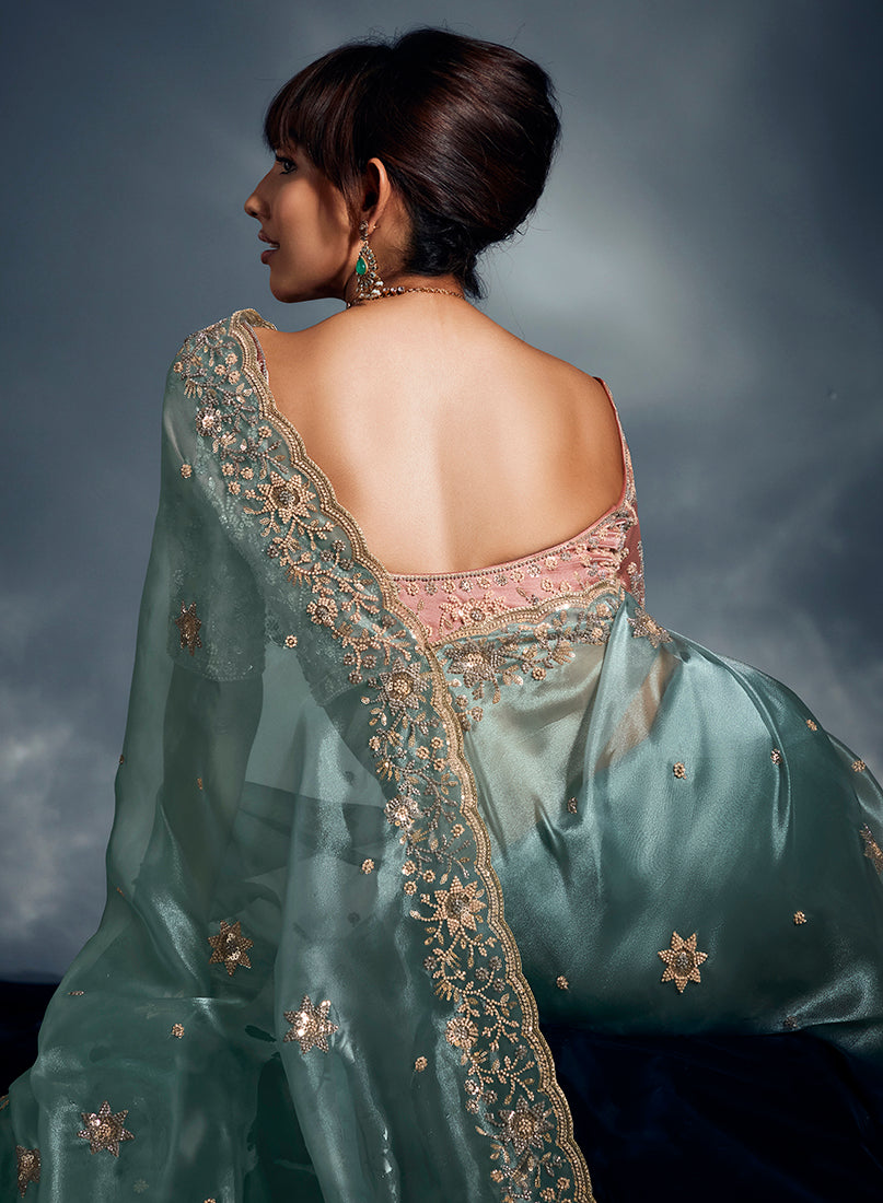 Monjolika Fashion Light Blue Tissue Organza Saree With Moti, Cutdana & Sequin Khatli Work
