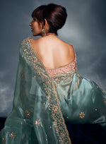 Thumbnail for Monjolika Fashion Light Blue Tissue Organza Saree With Moti, Cutdana & Sequin Khatli Work