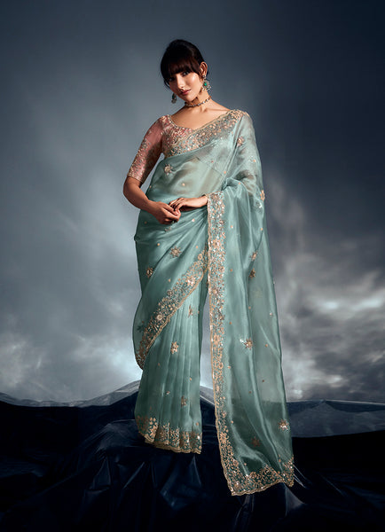 Monjolika Fashion Light Blue Tissue Organza Saree With Moti, Cutdana & Sequin Khatli Work