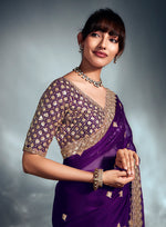 Thumbnail for Monjolika Fashion Purple Tissue Organza Saree With Moti, Cutdana & Sequin Khatli Work