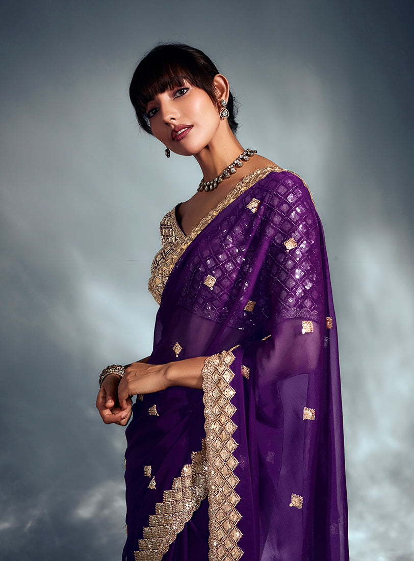 Monjolika Fashion Purple Tissue Organza Saree With Moti, Cutdana & Sequin Khatli Work
