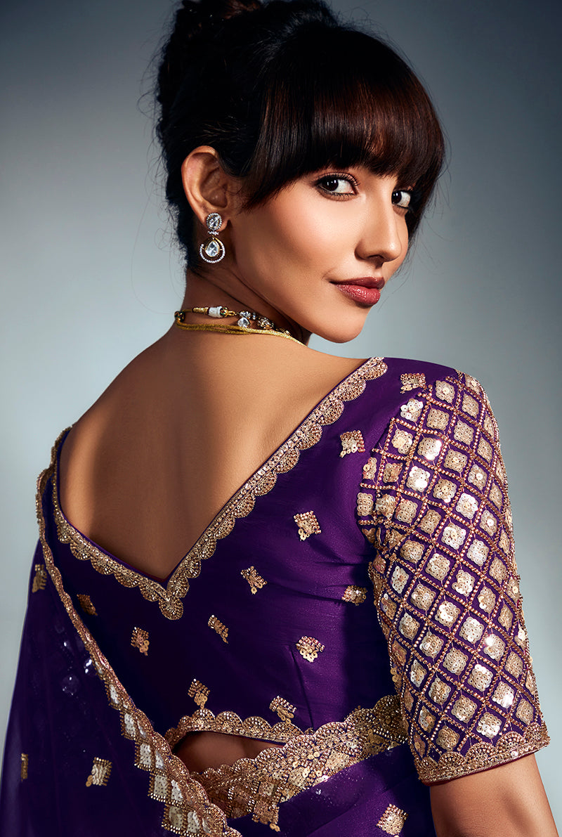 Monjolika Fashion Purple Tissue Organza Saree With Moti, Cutdana & Sequin Khatli Work