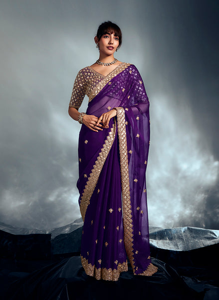 Monjolika Fashion Purple Tissue Organza Saree With Moti, Cutdana & Sequin Khatli Work