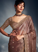 Thumbnail for Monjolika Fashion Dusty Pink Tissue Organza Saree With Moti, Cutdana & Sequins Khatli Work