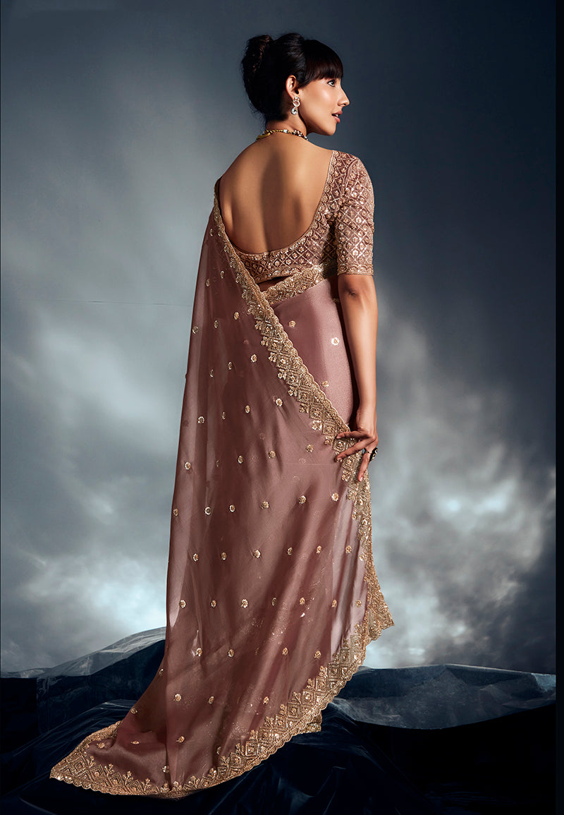 Monjolika Fashion Dusty Pink Tissue Organza Saree With Moti, Cutdana & Sequins Khatli Work