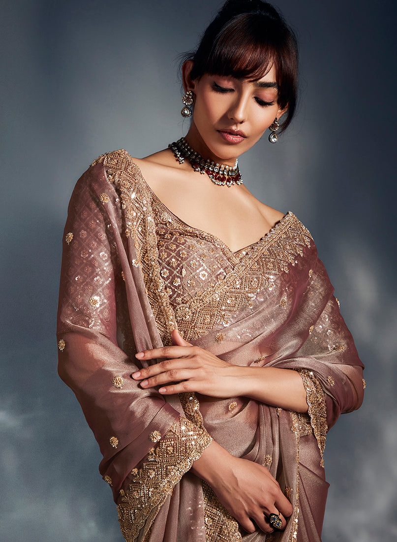 Monjolika Fashion Dusty Pink Tissue Organza Saree With Moti, Cutdana & Sequins Khatli Work
