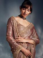 Thumbnail for Monjolika Fashion Dusty Pink Tissue Organza Saree With Moti, Cutdana & Sequins Khatli Work
