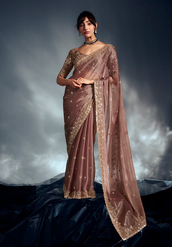 Monjolika Fashion Dusty Pink Tissue Organza Saree With Moti, Cutdana & Sequins Khatli Work