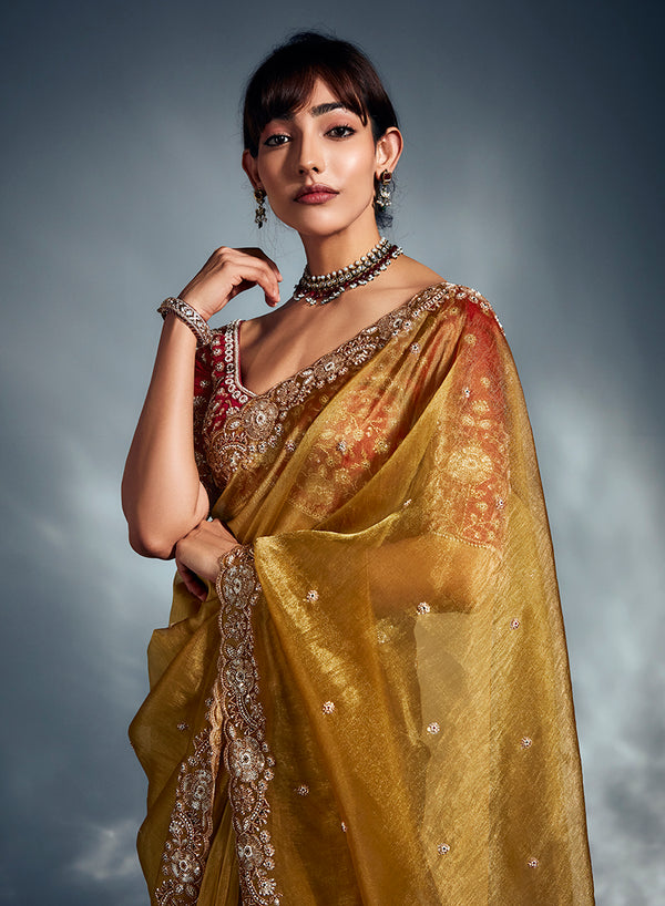 Monjolika Fashion Mustard Tissue Organza Saree With Moti, Cutdana & Sequins Khatli Work