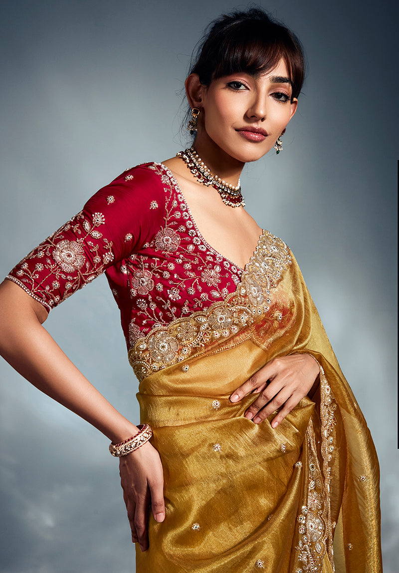 Monjolika Fashion Mustard Tissue Organza Saree With Moti, Cutdana & Sequins Khatli Work