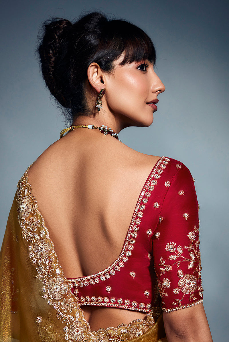 Monjolika Fashion Mustard Tissue Organza Saree With Moti, Cutdana & Sequins Khatli Work