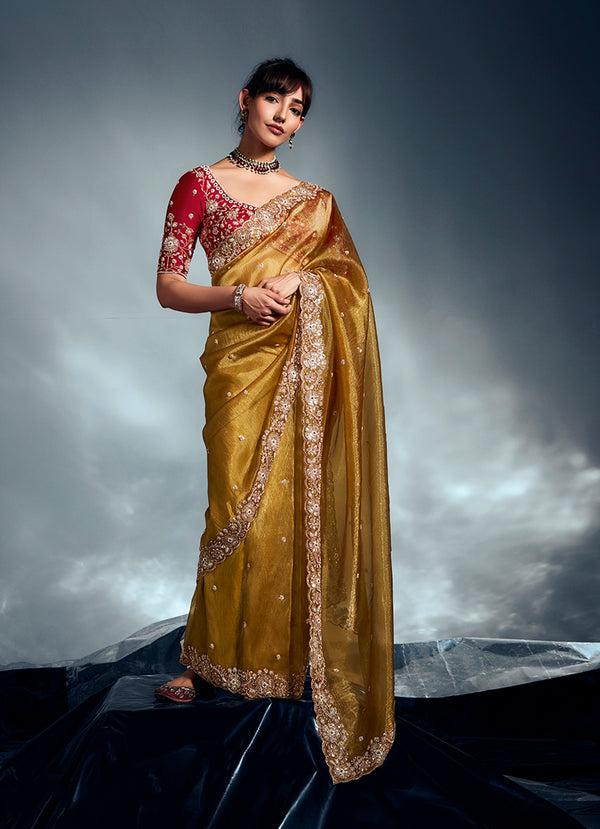 Monjolika Fashion Mustard Tissue Organza Saree With Moti, Cutdana & Sequins Khatli Work
