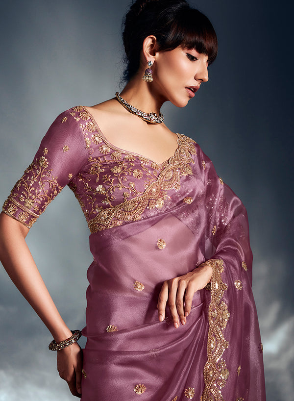 Monjolika Fashion Designer Onion Pink Tissue Organza Saree With Moti, Cutdana & Sequins Work