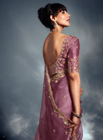 Thumbnail for Monjolika Fashion Designer Onion Pink Tissue Organza Saree With Moti, Cutdana & Sequins Work