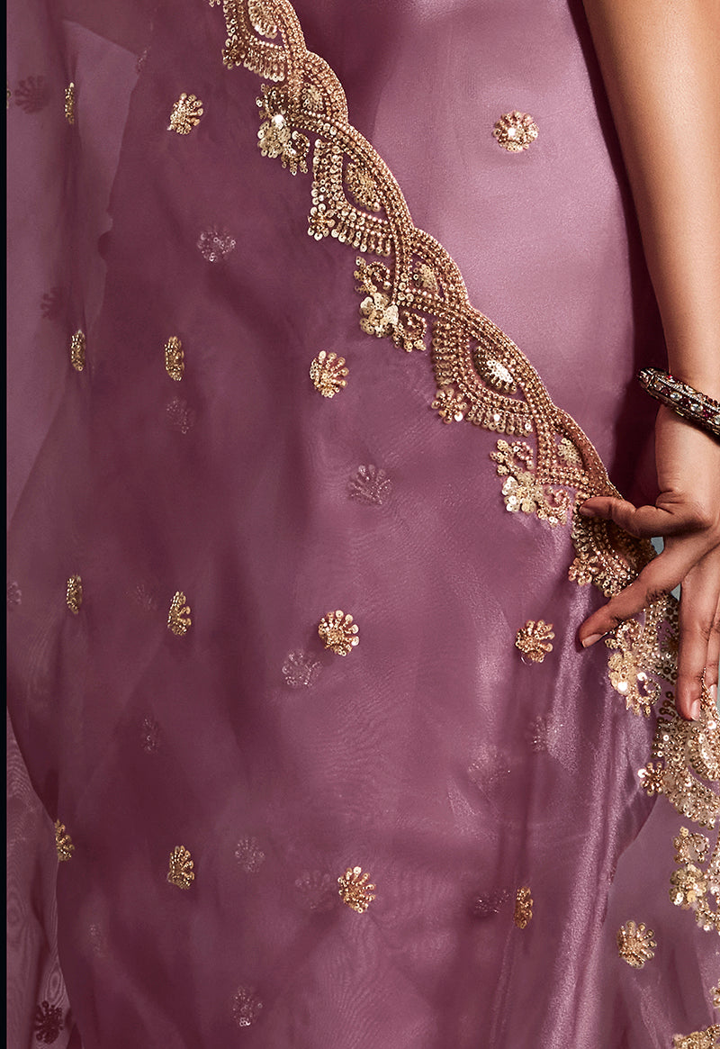 Monjolika Fashion Designer Onion Pink Tissue Organza Saree With Moti, Cutdana & Sequins Work