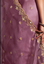 Thumbnail for Monjolika Fashion Designer Onion Pink Tissue Organza Saree With Moti, Cutdana & Sequins Work