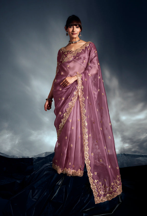 Monjolika Fashion Designer Onion Pink Tissue Organza Saree With Moti, Cutdana & Sequins Work