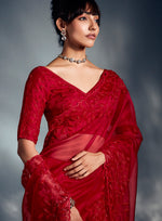 Thumbnail for Monjolika Fashion Red Tissue Organza Saree With Moti, Cutdana & Sequin Work