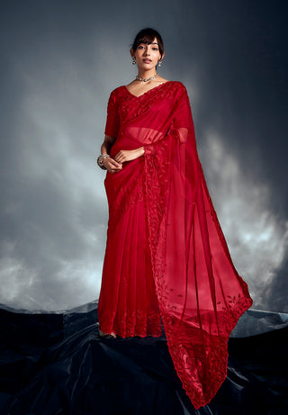Monjolika Fashion Red Tissue Organza Saree With Moti, Cutdana & Sequin Work