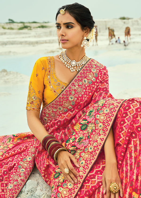 Monjolika Fashion Rani Pink Embroidered Georgette Bandhej Designer Saree