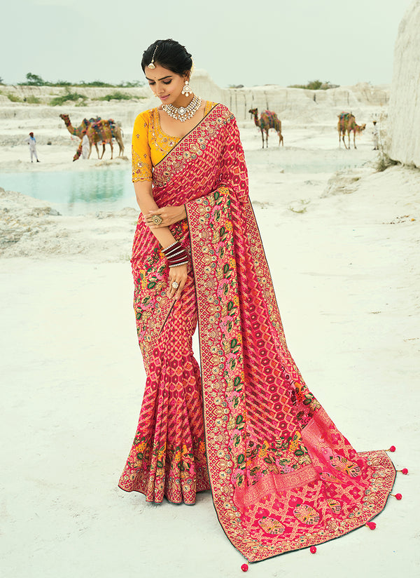 Monjolika Fashion Rani Pink Embroidered Georgette Bandhej Designer Saree