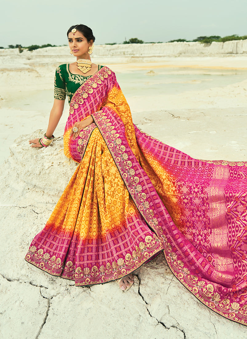 Monjolika Fashion Mustard And Rani Pink Embroidered Georgette Bandhej Designer Saree