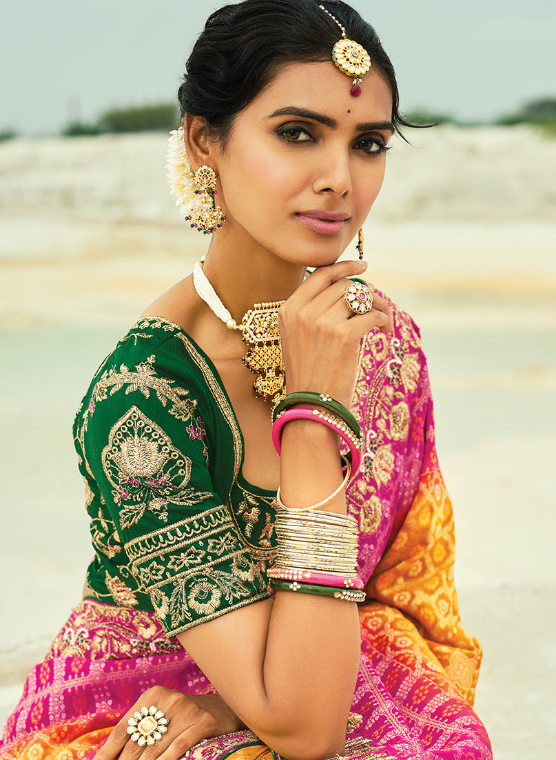 Monjolika Fashion Mustard And Rani Pink Embroidered Georgette Bandhej Designer Saree