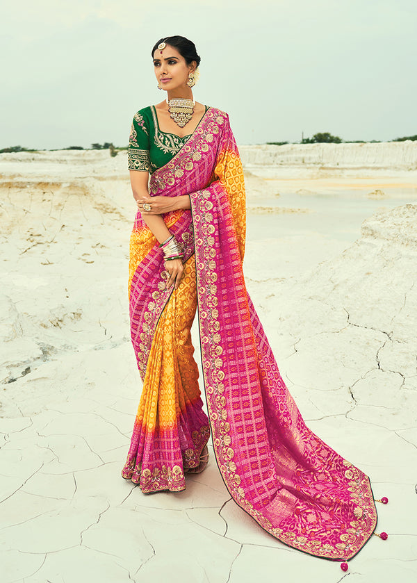 Monjolika Fashion Mustard And Rani Pink Embroidered Georgette Bandhej Designer Saree