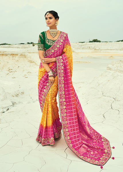 Monjolika Fashion Mustard And Rani Pink Embroidered Georgette Bandhej Designer Saree