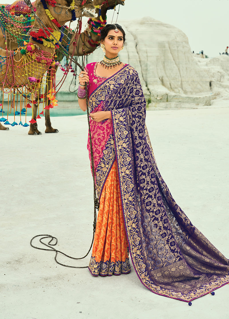 Monjolika Fashion Multicolor Embroidered Georgette Bandhej Designer Saree