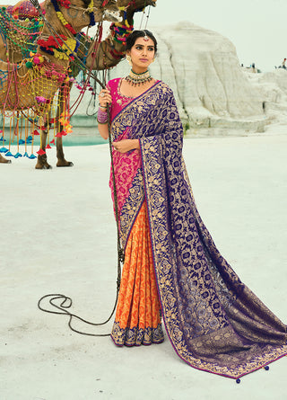 Monjolika Fashion Multicolor Embroidered Georgette Bandhej Designer Saree