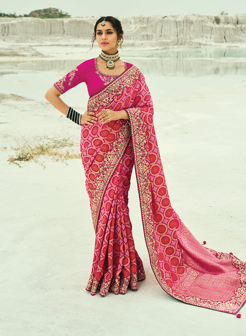 Monjolika Fashion Rani Pink Embroidered Georgette Bandhej Designer Saree