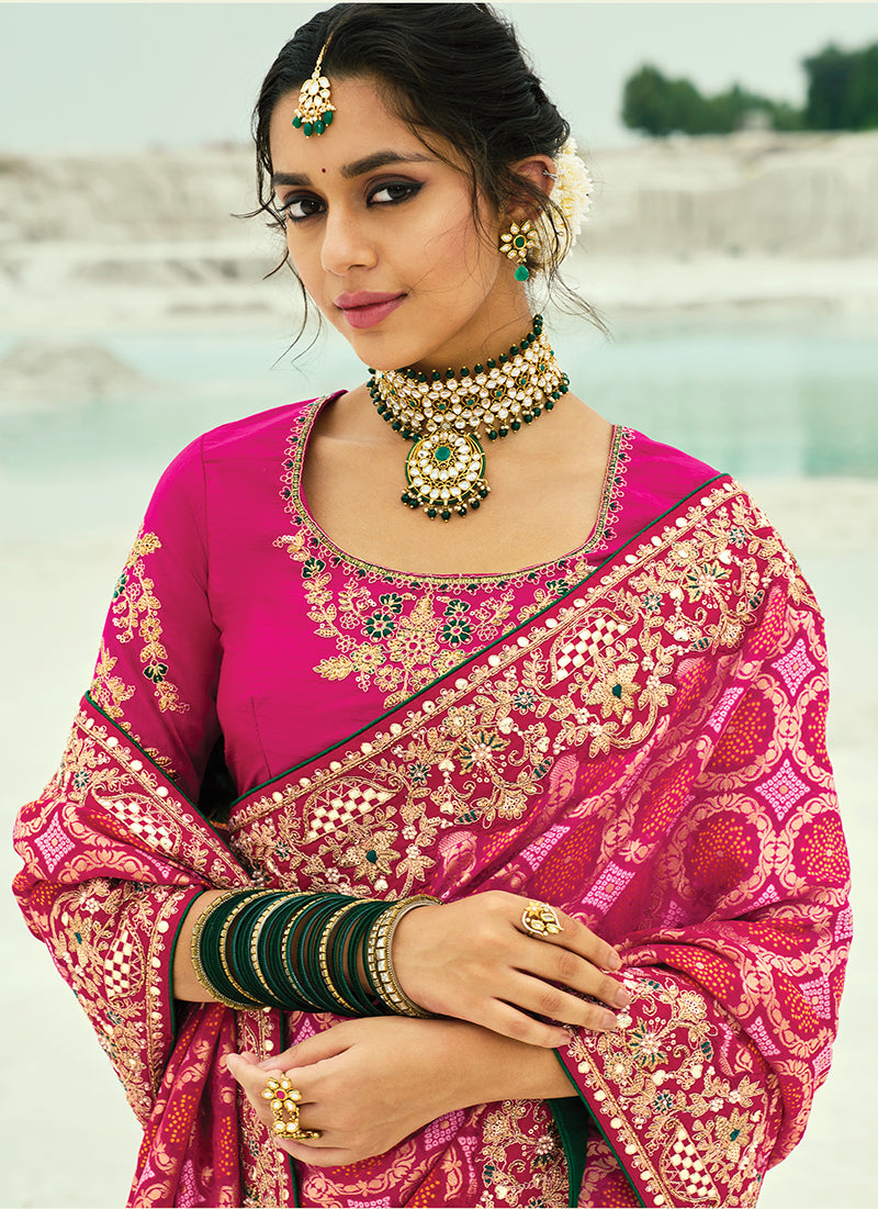 Monjolika Fashion Rani Pink Embroidered Georgette Bandhej Designer Saree