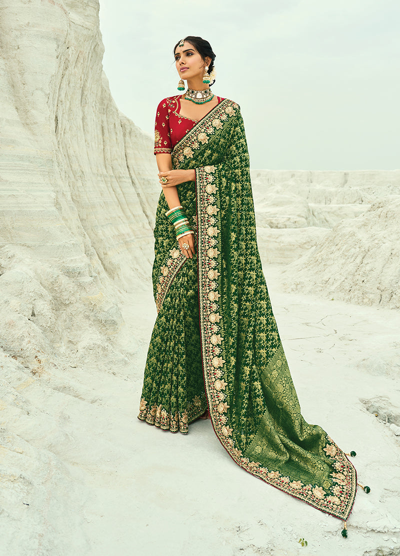 Monjolika Fashion Green Embroidered Georgette Bandhej Designer Saree