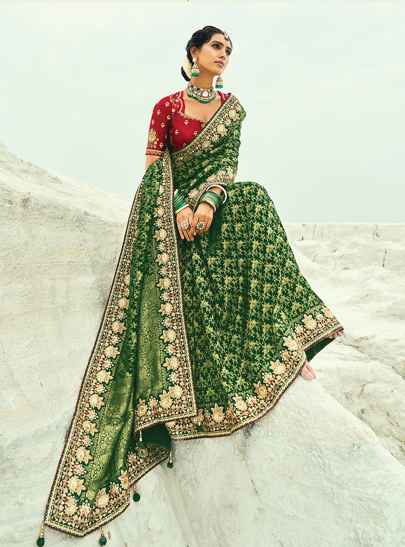 Monjolika Fashion Green Embroidered Georgette Bandhej Designer Saree