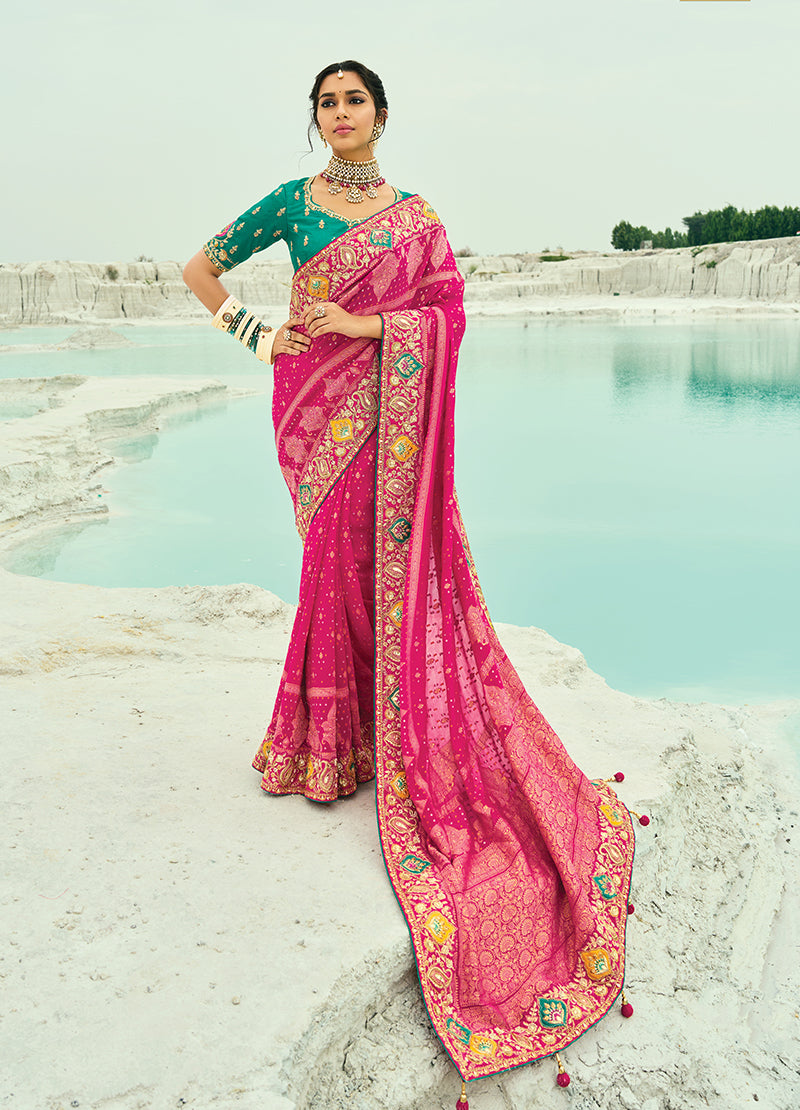 Monjolika Fashion Rani Pink Embroidered Georgette Bandhej Designer Saree