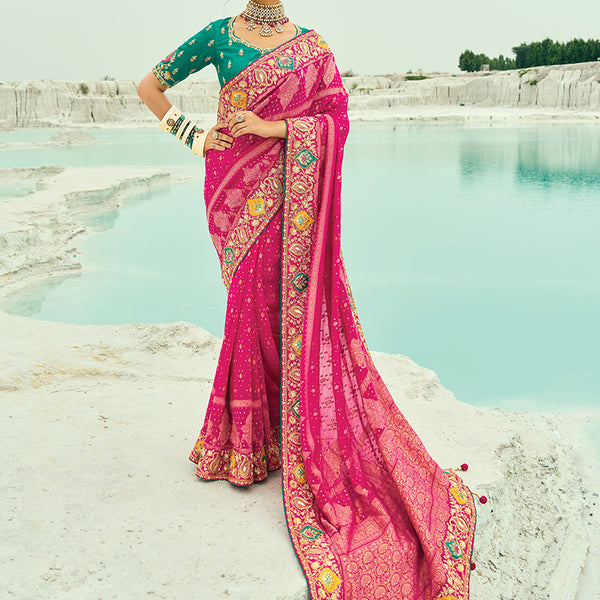 Monjolika Fashion Rani Pink Embroidered Georgette Bandhej Designer Saree