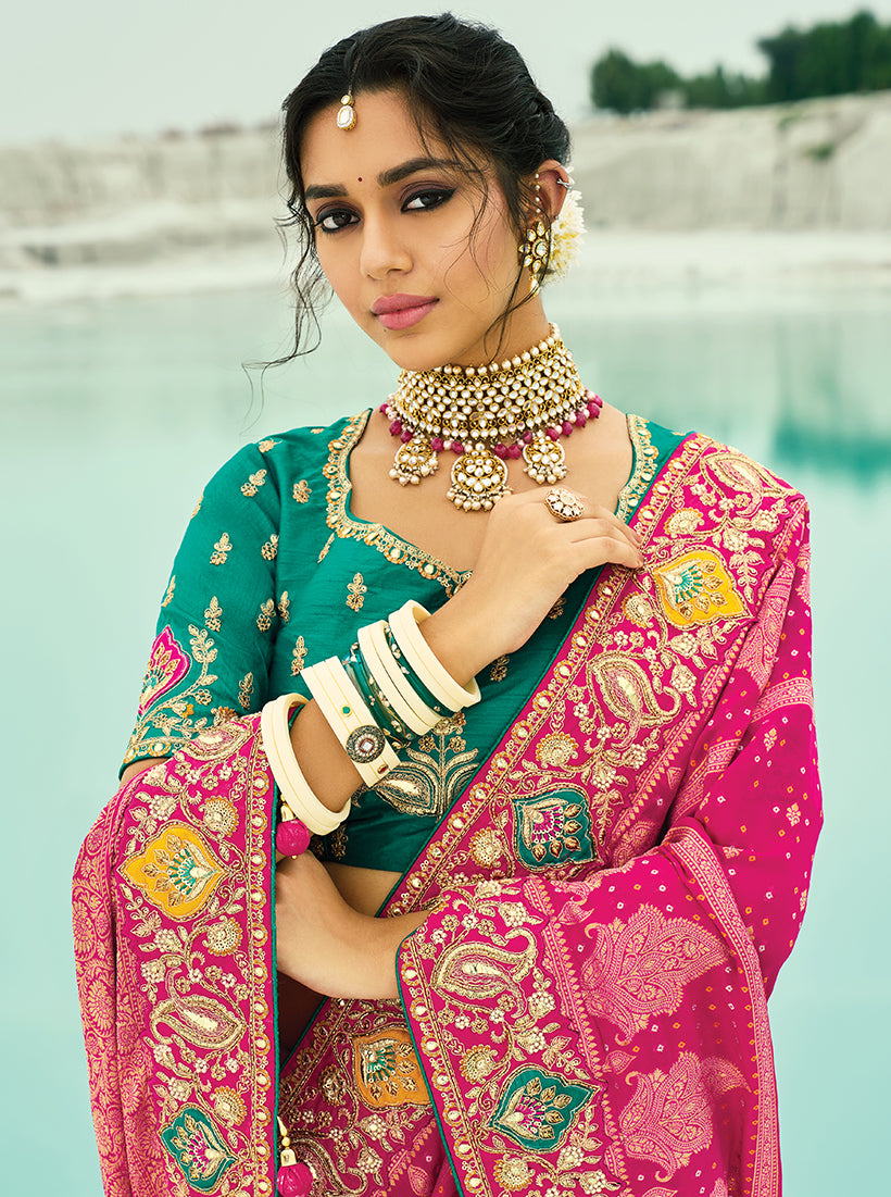 Monjolika Fashion Rani Pink Embroidered Georgette Bandhej Designer Saree