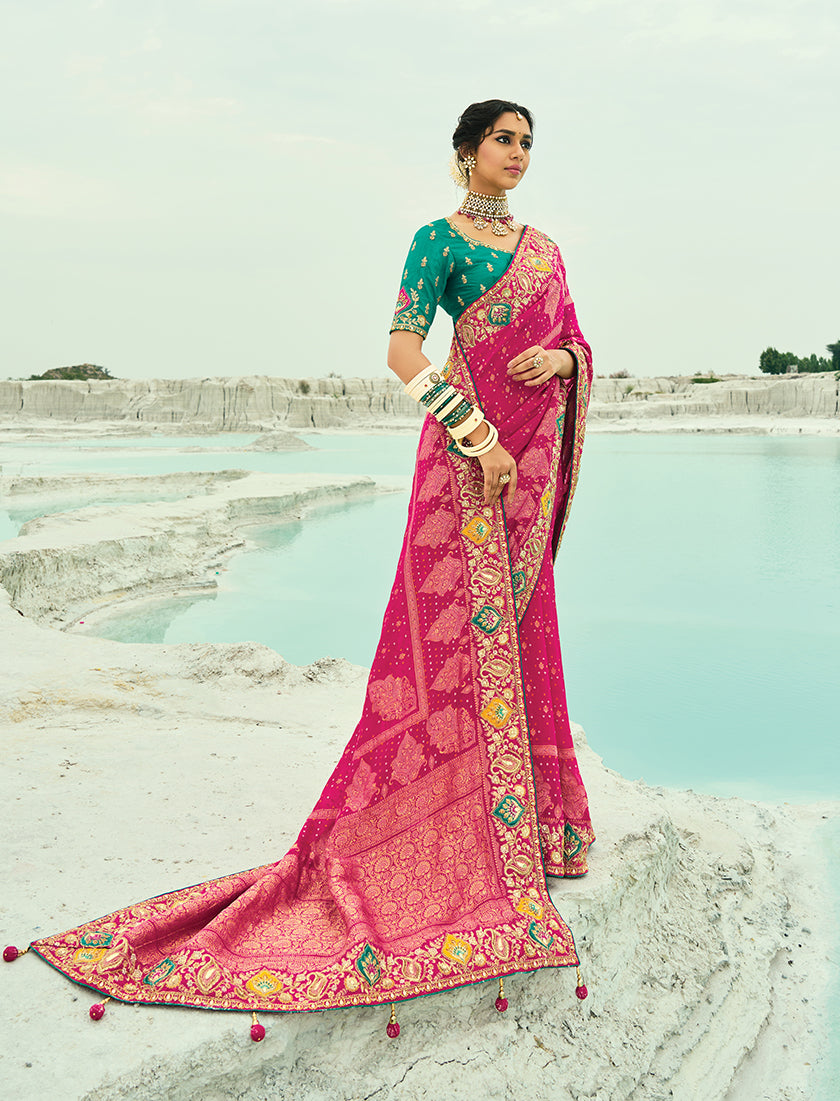 Monjolika Fashion Rani Pink Embroidered Georgette Bandhej Designer Saree