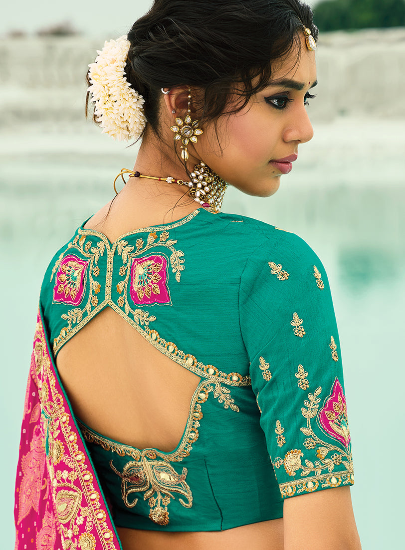 Monjolika Fashion Rani Pink Embroidered Georgette Bandhej Designer Saree