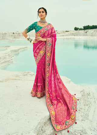 Monjolika Fashion Rani Pink Embroidered Georgette Bandhej Designer Saree