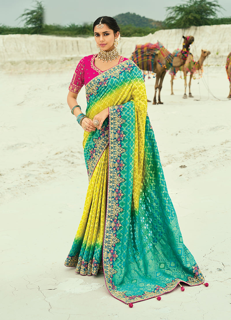 Monjolika Fashion Multicolor Embroidered Georgette Bandhej Designer Saree