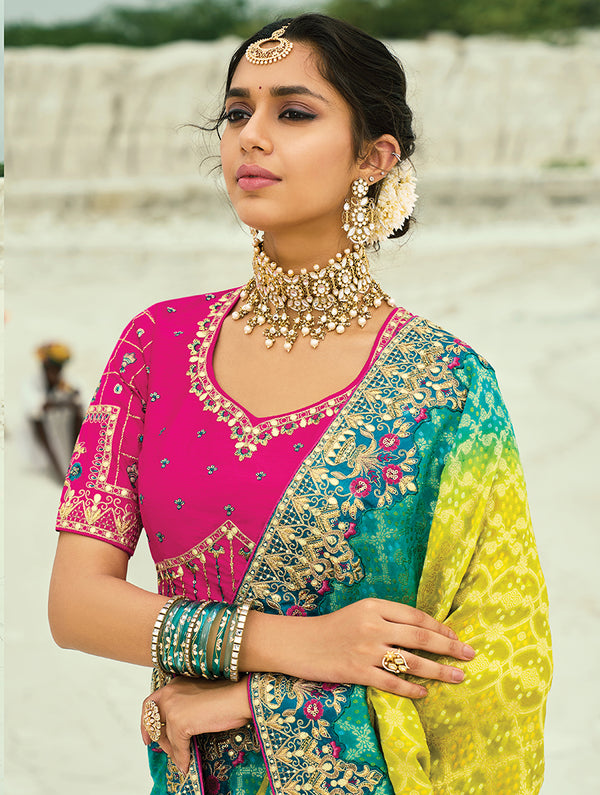 Monjolika Fashion Multicolor Embroidered Georgette Bandhej Designer Saree